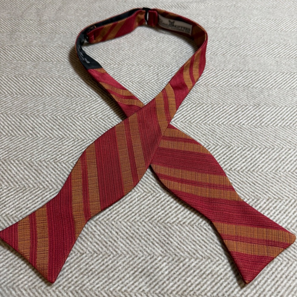 Classic Kippers Mens Bow Tie Red Orange Striped Silk Self Tie Made in USA